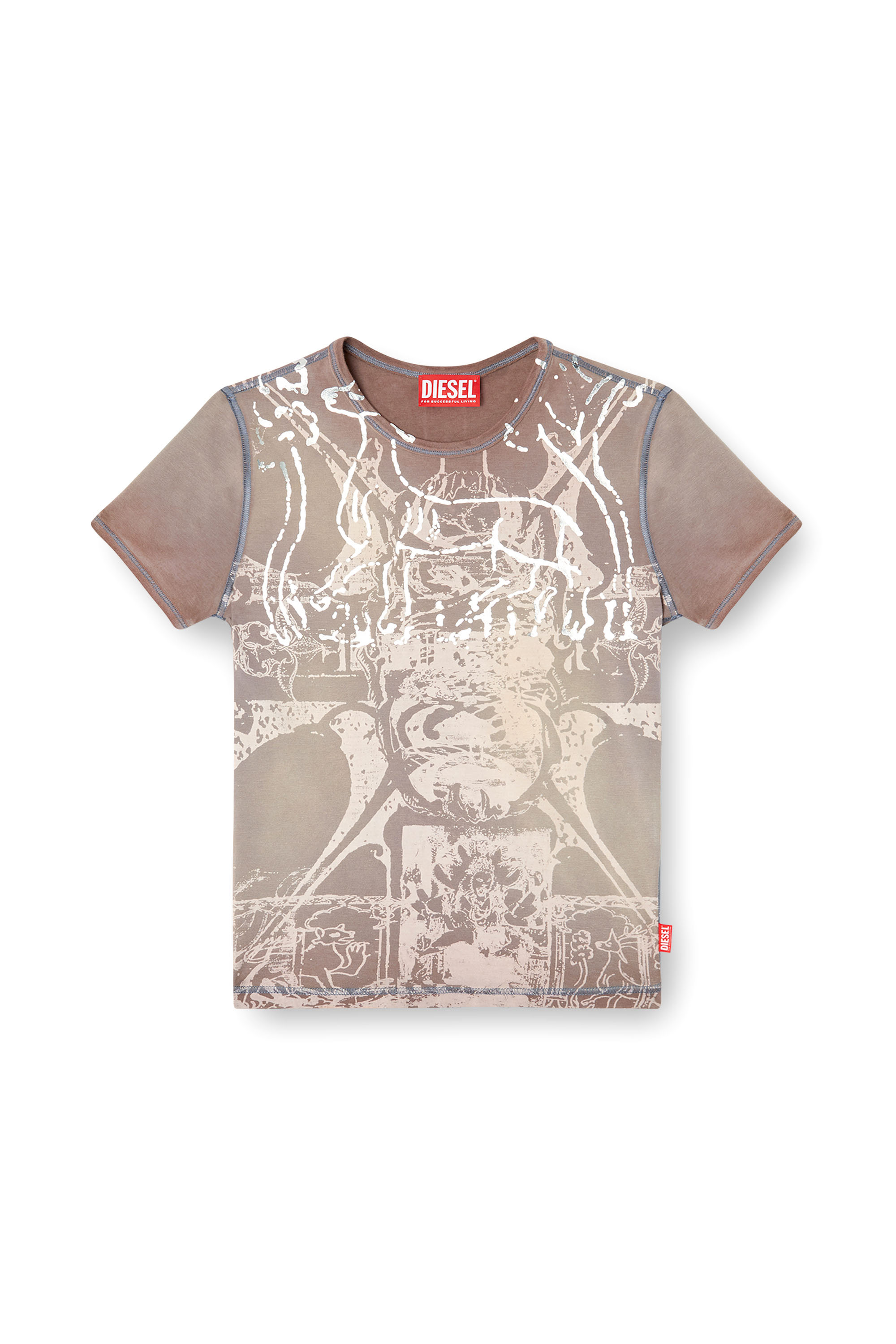 Diesel - T-UNCUTIES-LONG-R6, Female's T-shirt with foil print in Light Brown - 4